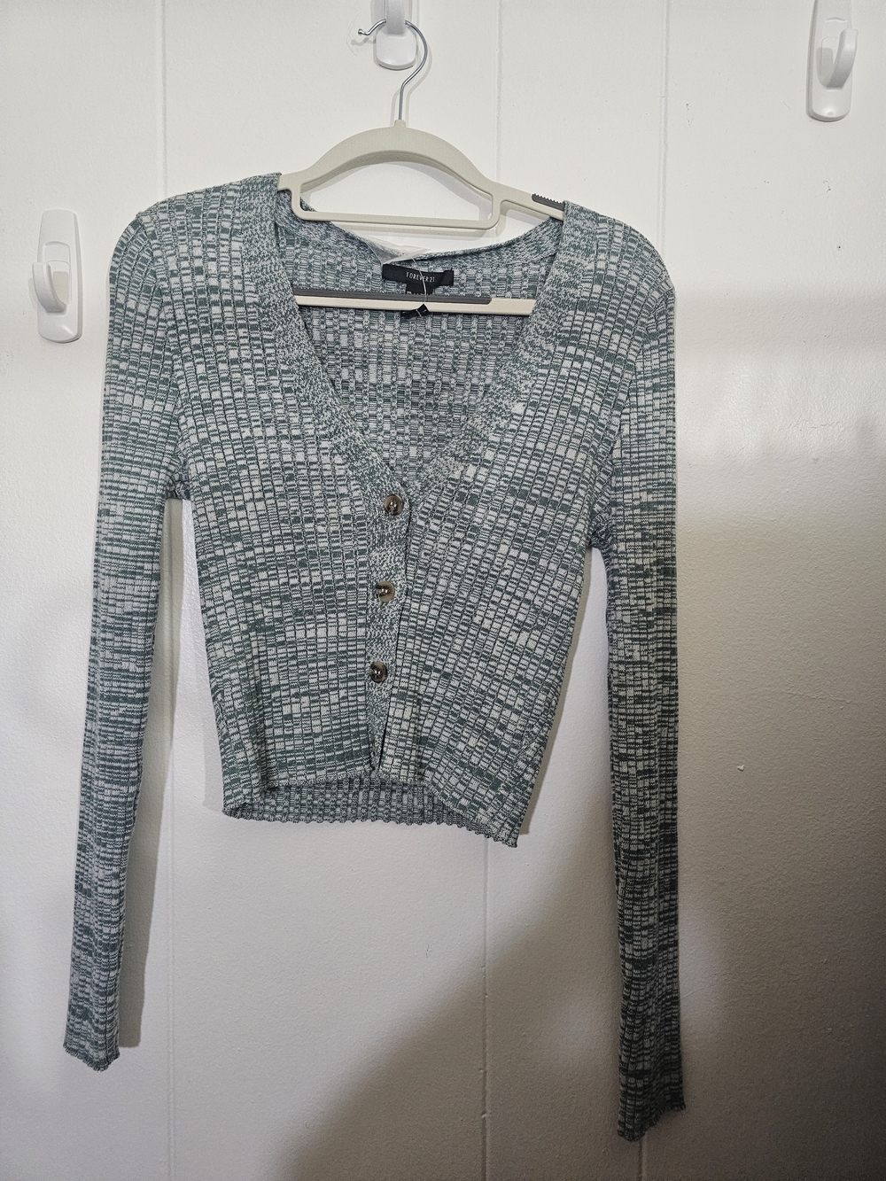Forever 21 Green and White Marled V-Neck Buttoned Cardigan